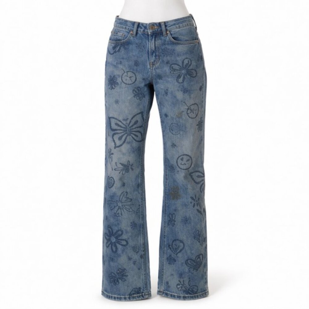 BDG Urban Outfitters Doodle Print Cowboy Jeans Size 25 Y2K Graphic Denim